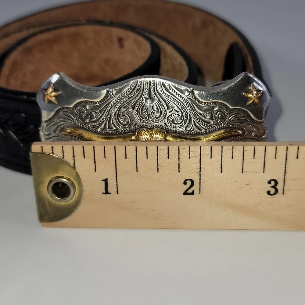 Tony Lama Youth Black Tooled Leather Western Belt Gold Longhorn Buckle Size 24